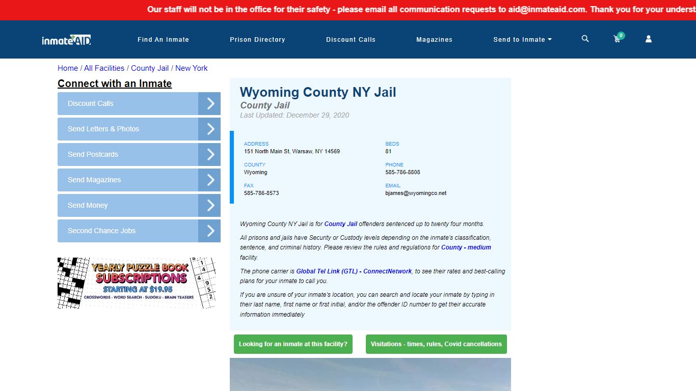 Wyoming County NY Jail - Inmate Locator - Warsaw, NY